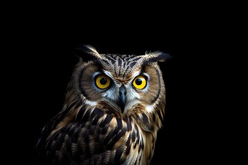 Naklejka premium Adorable owl looking at camera over black background. Generative AI