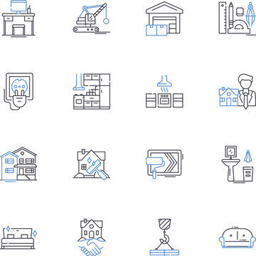 Kitchen renovation line icons collection. Cabinets, Countertops, Backsplash, Sink, Faucet, Lighting, Appliances vector and linear illustration. Flooring,Island,Pantry outline signs set