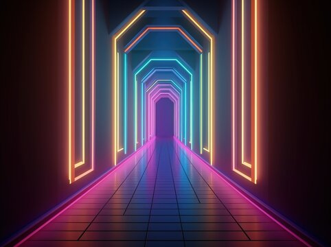 Neon light hallway with fluorescent colors. Generative AI digital art