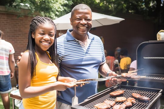 African American dad celebrating Father's day with barbeque with his daughter and family in the backyard. Generative AI