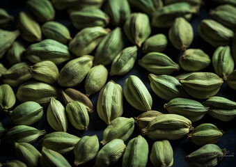 A close-up view of numerous green cardamom pods densely packed together, showcasing their unique texture and the subtle variations in their verdant hues