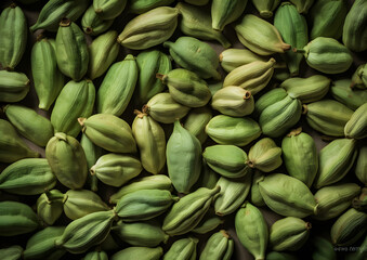 A close-up view of numerous green cardamom pods densely packed together, showcasing their unique texture and the subtle variations in their verdant hues - obrazy, fototapety, plakaty