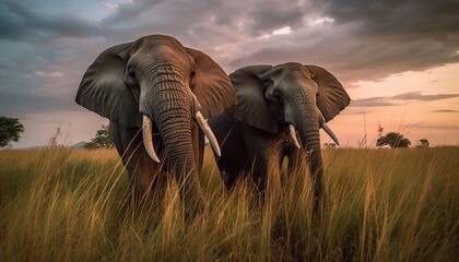Fototapeta na wymiar Elephants in a grassland ai, ai generative, illustration