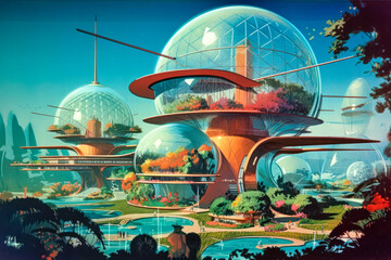 Vintage pulp sci fi art, glass sphere city, geometric science fiction futuristic architecture, exterior building design, concept art. Generative AI