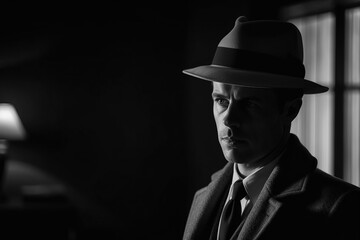portrait of male mafia spy detective in a hat in style of noir films. Generative AI