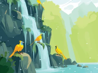 Poster Waterfall Getaway: A Detailed Cartoon Illustration of Birds Enjoying Nature © BlueMarble-SweetPalm