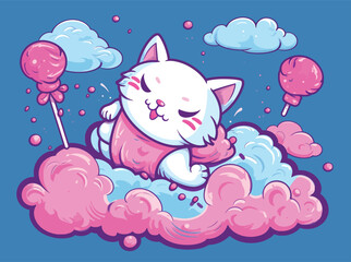 Feline Float: A Dreamy Cartoon Cat Amongst Cotton Candy Clouds