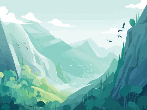 Pure Forms: A Fantasy Illustration of Birds and Trees on a Mountain