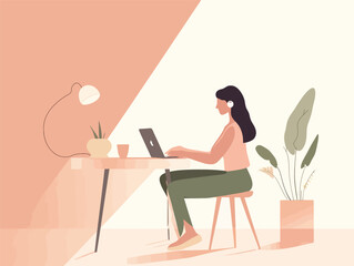 Streamlined Productivity: A Modernist Illustration of a Woman Working from Home in Green and Beige