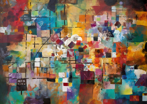 Modern Multi-Colored Mixed Media Art Canvas with Textured Background - A Unique Fusion of Abstract Oil, Acrylic Painting, and Puzzle Piece Collage, Generative AI © MAJGraphics
