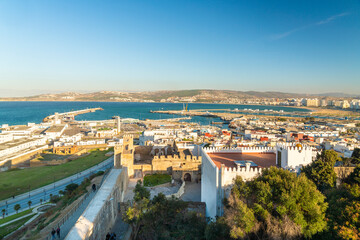 Fototapeta na wymiar Kasbah in Tangier with the harbor in the background, Tangier, Morocco