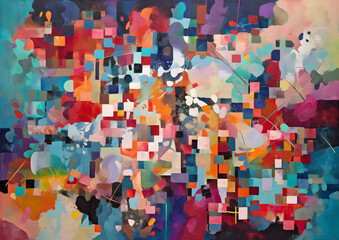 Modern Multi-Colored Mixed Media Art Canvas with Textured Background - A Unique Fusion of Abstract Oil, Acrylic Painting, and Puzzle Piece Collage, Generative AI
