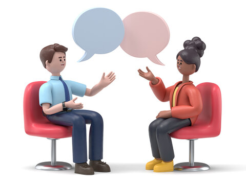 3D illustration of two peoples meeting and talking with speech bubbles. Happy businessmen characters sitting in chairs and discussing. Successful partnership, psychologist counseling, support session.