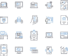 Electronic devices line icons collection. Smartph, Tablet, Laptop, Desktop, Smartwatch, Router, Headphs vector and linear illustration. Earbuds,Keyboard,Mouse outline signs set