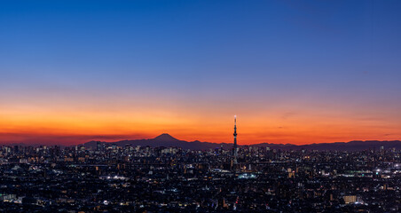 Cityscape of greater Tokyo area and Mount Fuji, Tokyo skytree at magic hour.