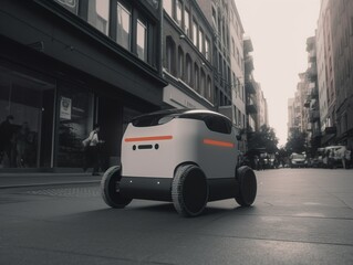 delivery robot navigating through a crowded city street