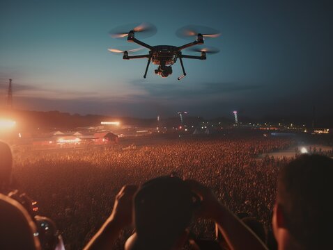 self-flying drone capturing aerial footage of a live concert