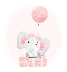 cute happy baby pink elephant girl birthday sit on birthday gift present boxes, it's a gril, adorable nursery birthday wildlife animal watercolur cartoon illustration