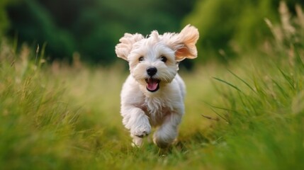 Playful happy cute smiling pet dog puppy running, jumping in the grass. Generative AI.