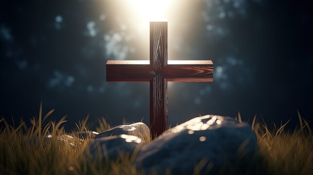 Christian cross on a dark background. 3D rendering.Generative Ai