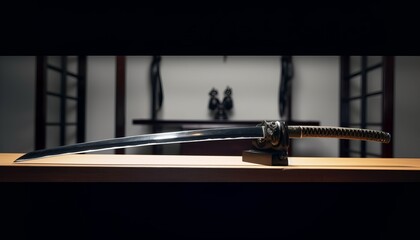japanese sword katana on a wooden table ai, ai generative, illustration