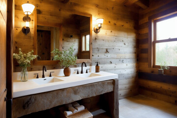 A rustic bathroom with wooden walls, a ceramic sink, and a mirror framed with antique wood. Generative AI