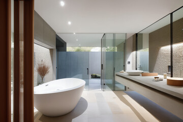 Fototapeta na wymiar contemporary bathroom with a suspended sink. Generative AI