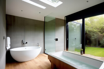 Naklejka na ściany i meble contemporary bathroom with a suspended sink. Generative AI