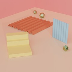Set of realistic colorful abstract 3D room with stand or podium. Minimal wall scene with shadow overlay. Stage showcase, Product display.