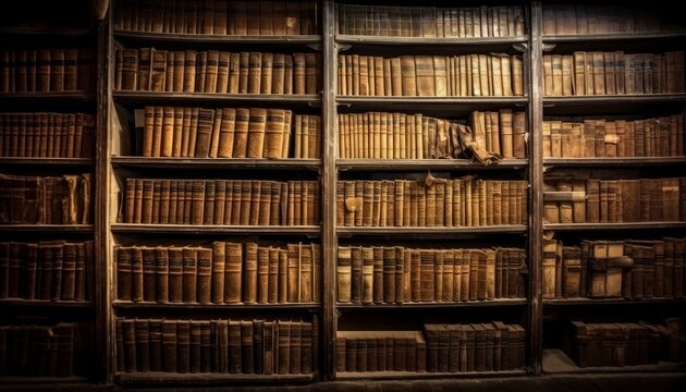 Ancient books on wooden shelves ai, ai generative, illustration