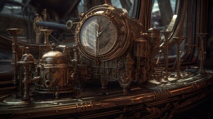 Fototapeta premium Desk clock machine, steampunk style desk clock and mechanism, AI