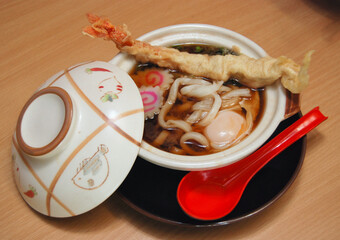 Japanese food - udon with Tempura Shrimp in a bowl