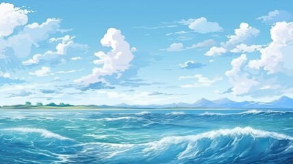 Watercolor painting of rough ocean seas with clouds, AI
