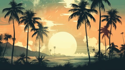 Palms and beach retro style background, AI
