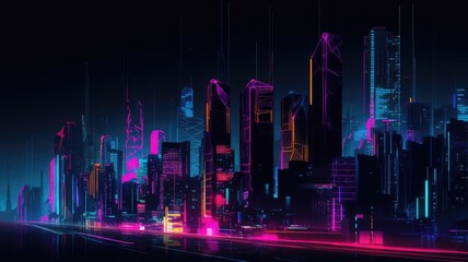 Neon cityscape background at night , downtown illustration, web banner, AI
