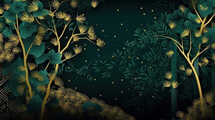 Japanese style background with green and gold trees and leaves, AI