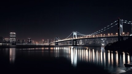 Naklejka premium Bridge over a river in the city at night, city lights reflecting in the river, AI