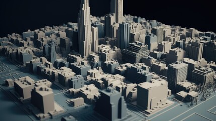 3D model of a city, black and white mockup of downtown city with tall buildings and skyscrapers for architecture mockup, AI