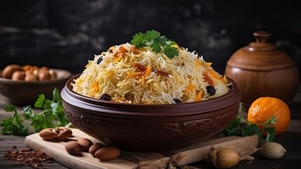 Biryani rice. dish in a bowl on a table, food shot, AI