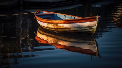 Fototapeta na wymiar row boat floating on a reflecting lake, water is tranquil and reflects the surrounding, wallpaper, AI