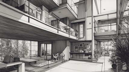 B/W architectural drawings, sketches in black and white, architectural buildings, AI