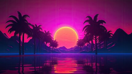 Fototapeta na wymiar 3d tropical sunset with island and palm trees 80's 90's retro landscape, AI