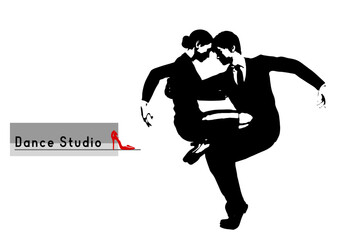 向かい合って社交ダンスを踊るカップルの男女のイラスト 男女の全身横向き 横顔のシルエット