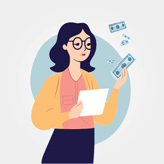 beautiful woman earning money, vector illustration