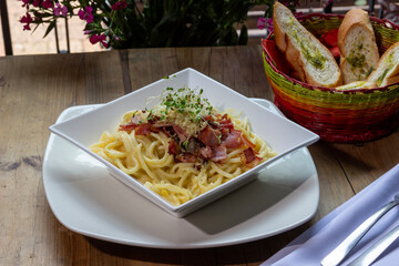 spaghetti with meatballs, cheese and tomato , carbonara pasta, Italian food