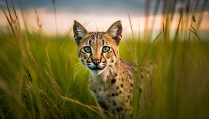 Obraz premium Wild cat in a grassland ai, ai generative, illustration
