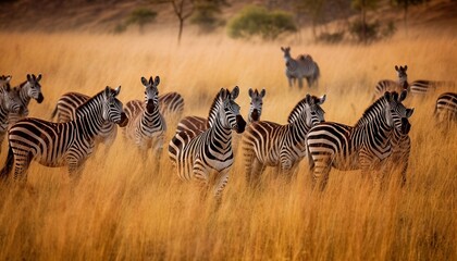 Fototapeta na wymiar Flock of zebras in a grassland ai, ai generative, illustration