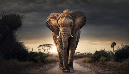 Fototapeta na wymiar 夕日の草原を歩く象 Elephant walking in the meadow at sunset | Generative AI