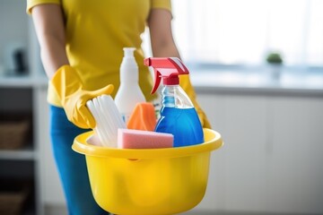 Effortless Cleaning: Woman with Bucket and Detergent, generative ai