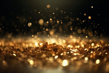 Fototapeta na wymiar Golden glitter particles flying in the air with abstract Twinkly Lights and grunge background. Shiny texture for Christmas and luxury celebration. AI Generative.
